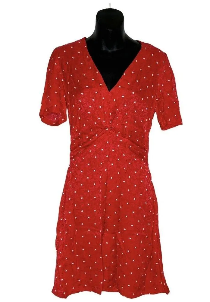 MAJE Womens Red Ripia Twist-Front Polka-Dot Floral Jacquard Mini Dress Sz Small - Image 2