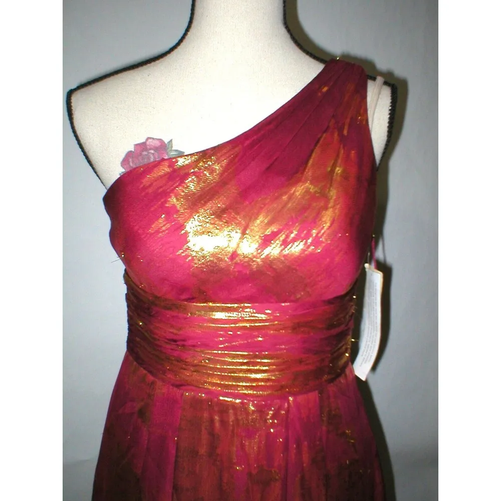 New NWT $310 Womens 6 Aidan Mattox Silk Metallic One Shoulder Dress Red Gold - Image 4