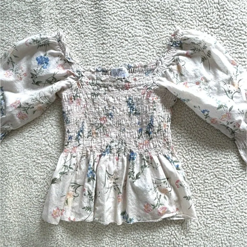 SAYLOR Women Pink Cotton Floral Smocked Peplum Clover Blouse Boho Top Size S - Image 6