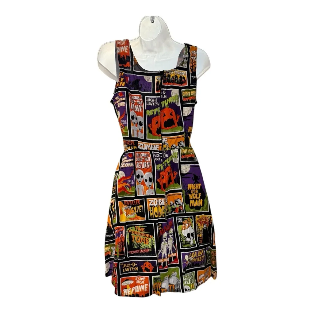 100% cotton Horrorcore Movie Poster Dress Goth Halloween Spooky Fit Flare Black Size M - Image 4