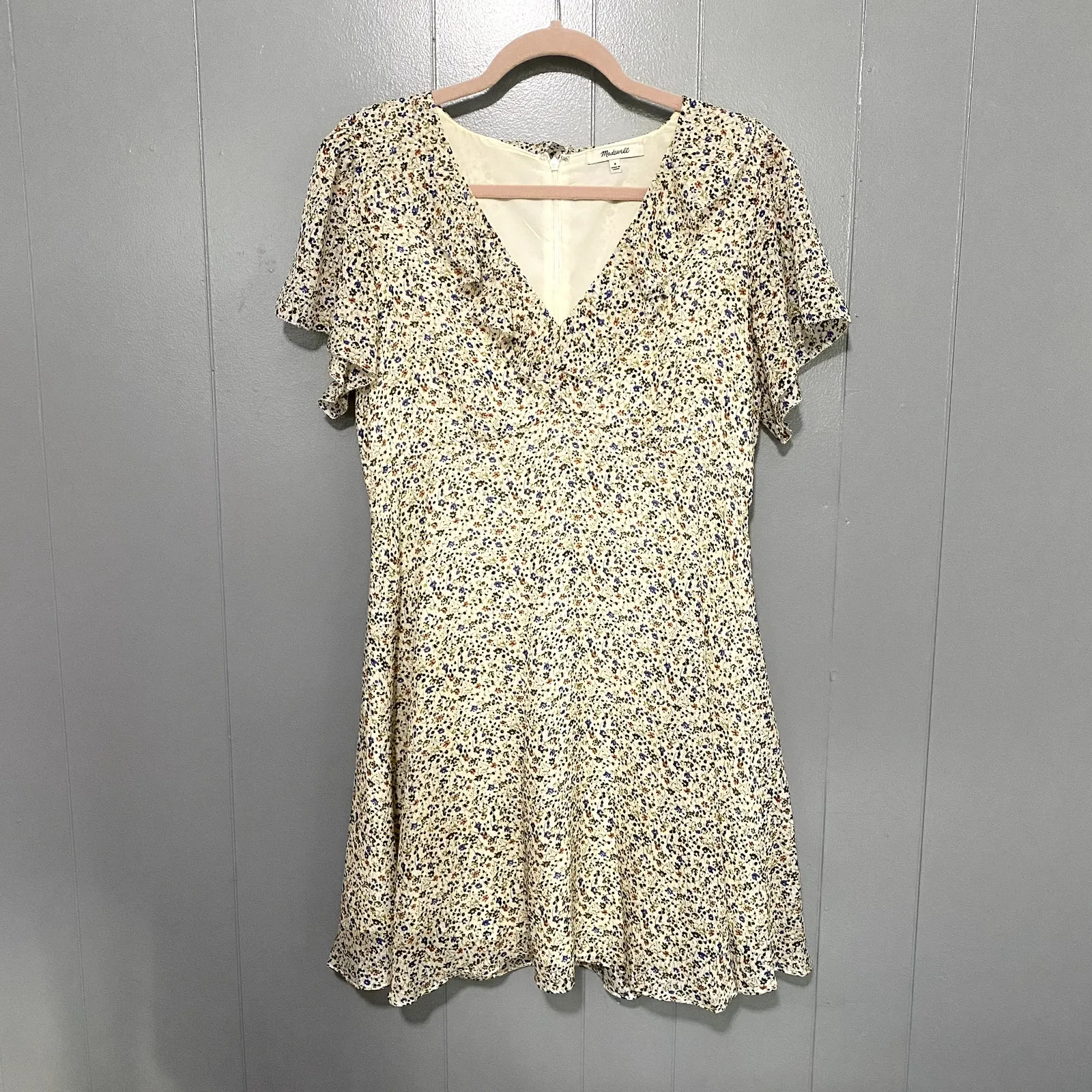 Madewell Cream Floral Silk Ruffle-Neck V-neck Cottagecore Preppy Mini Dress 8 - Image 3