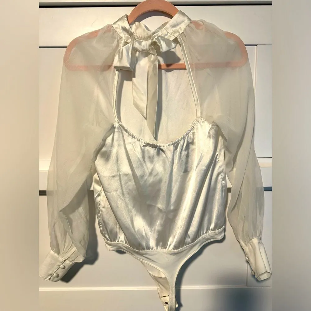 NWT Abercrombie & Fitch Women Ivory Satin Mesh Long Sleeve Bodysuit, Sma… - Image 2
