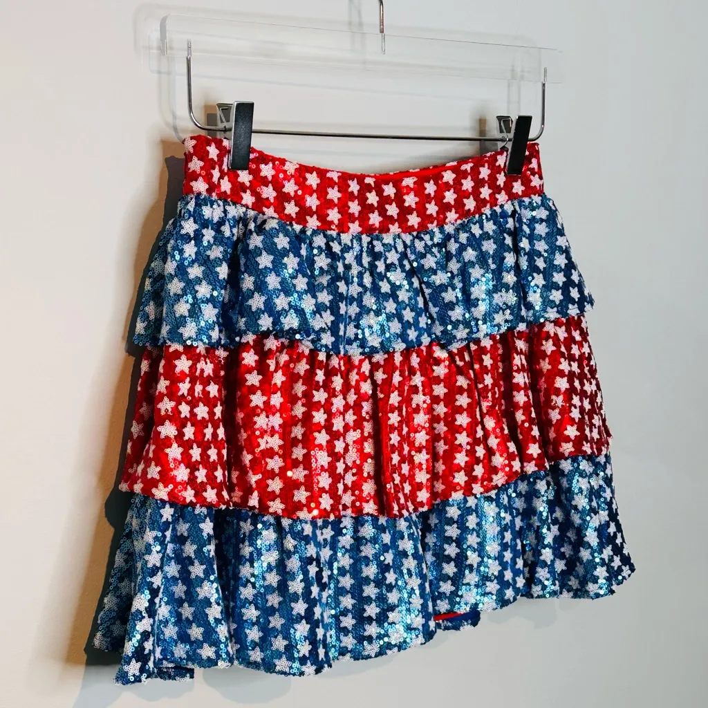 Queen of Sparkles Spangle Stars Red White Blue Tiered Mini Skirt Skort - Image 7