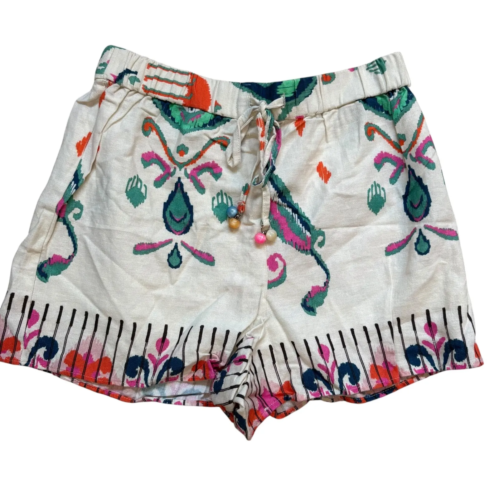 Zara Linen Print Shorts Boho Pom Pom Drawstring‎ Waist Casual Summer XS - Image 3