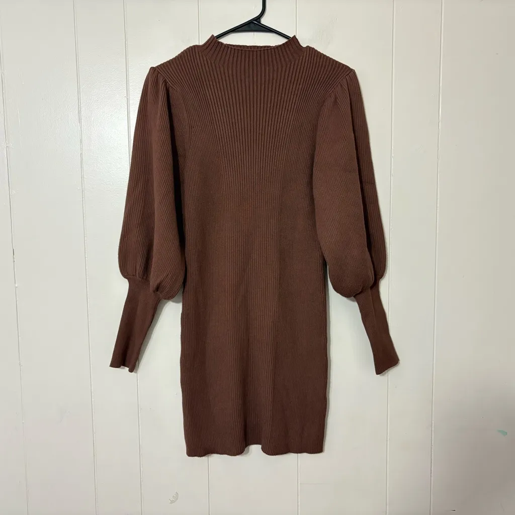AVANTLOOK Bubble Sleeve Slim Knit Brown Sweater Winter Dress Size Large New - Image 3