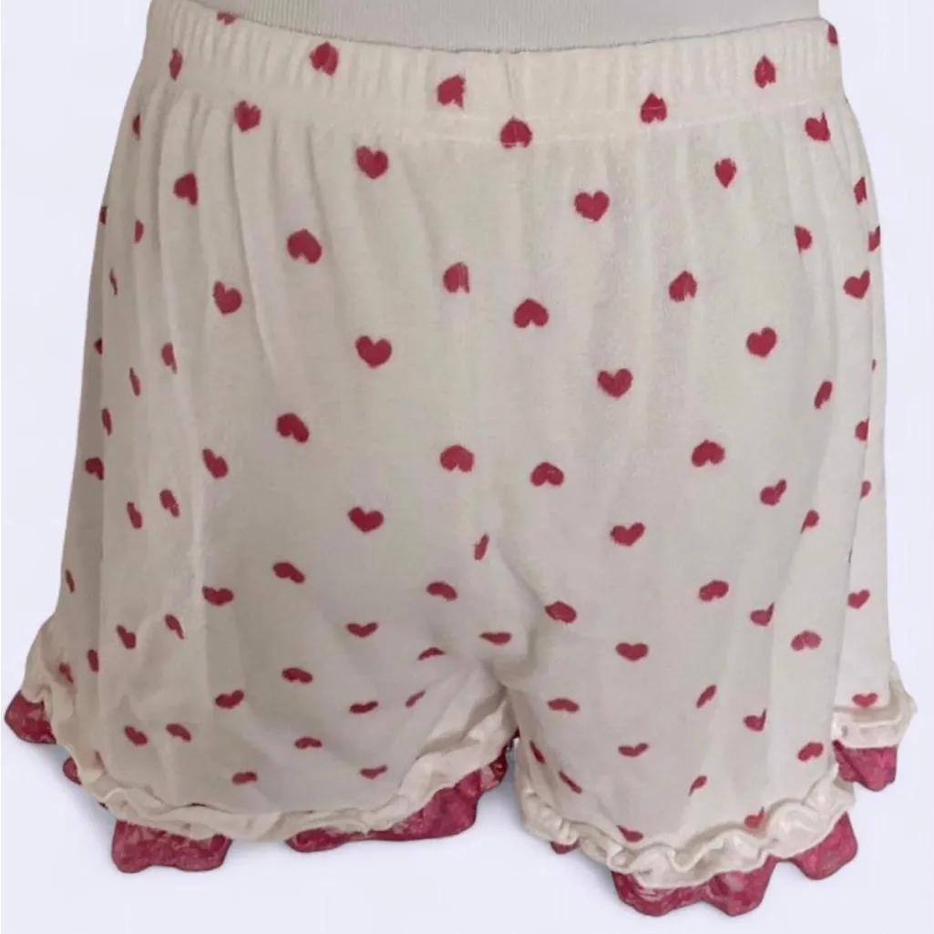 Vintage Y2k Women's Printed Heart PJ Shorts with Lace Trims Sizes S Pink - Image 4