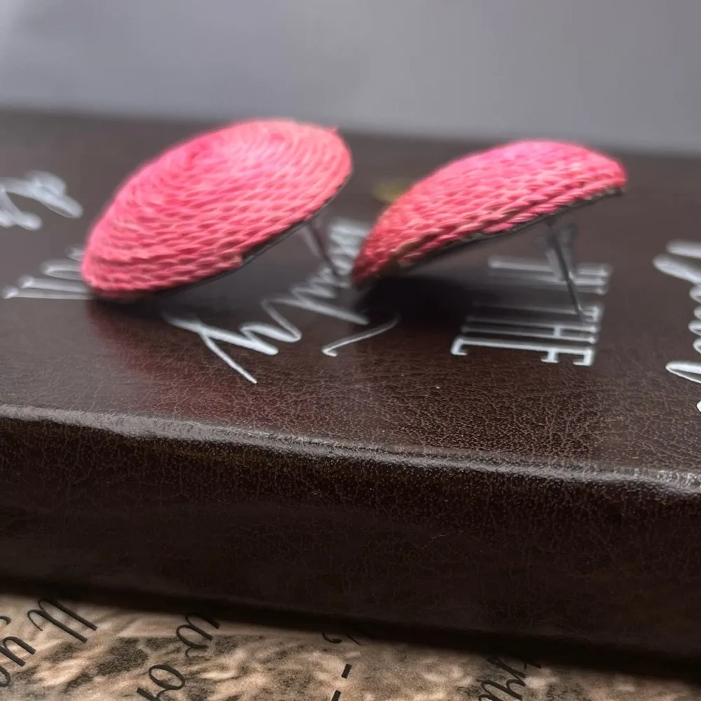 Handcrafted Oversized Pink Swirl Woven Round Disc Stud Earrings - Image 12