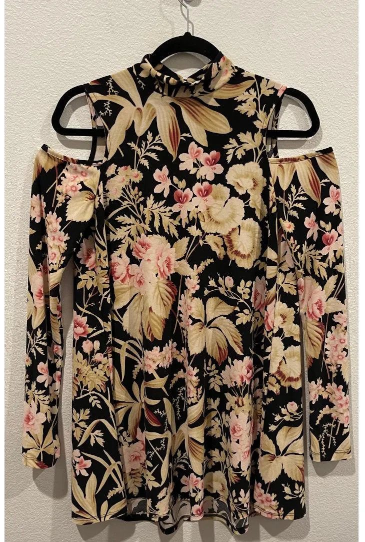 Anthropologie SHOW ME YOUR MUMU Cold Shoulder Black Beige Floral Mini Dress - Image 3