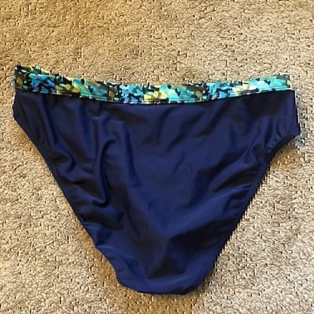 NWOT 24TH OCEAN Navy Blue Green Printed High Waisted Waist Bikini Bottom Large L - Image 7