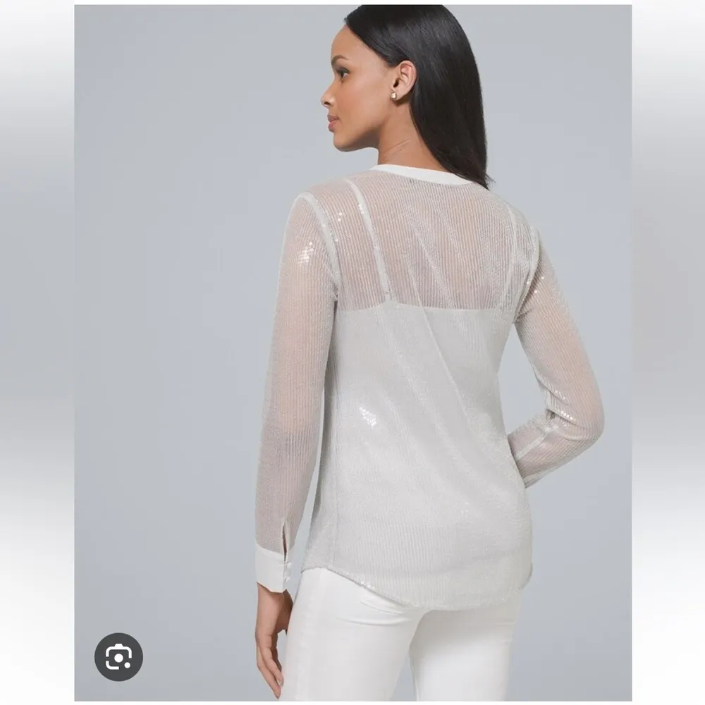 White House Black Market Grey Silver Sheer Sequin Button Down Sleeve Blouse XXS - Image 5