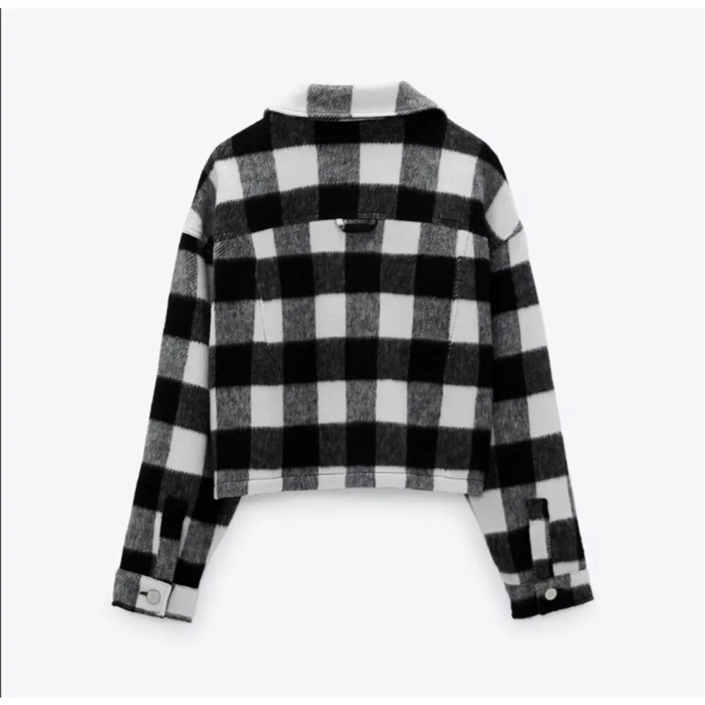 ZARA | White Black Buffalo Check Plaid Cropped Jacket | Size Large - Image 3