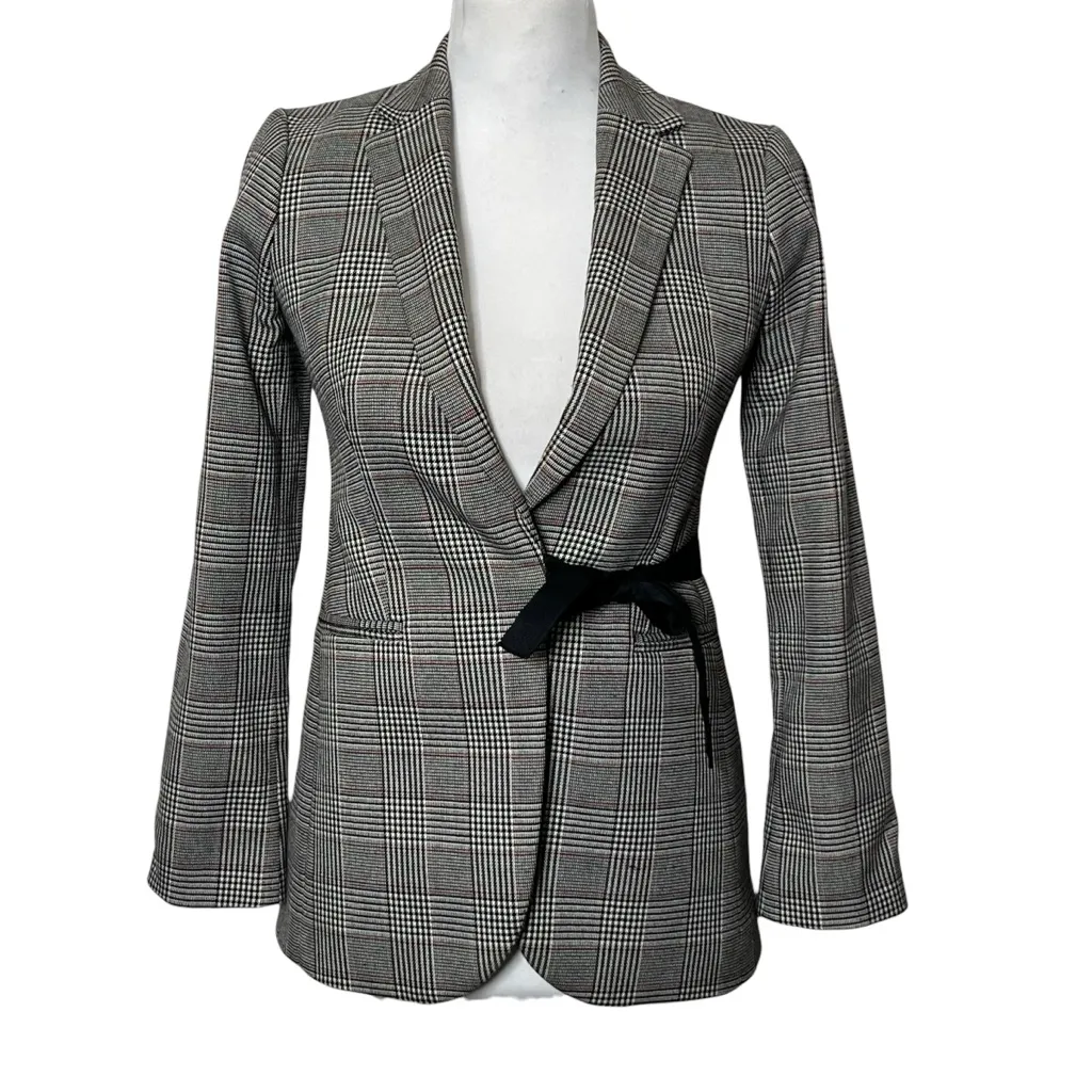 J.Crew Lady Glen Plaid Blazer 00 Petite Gray Tie Front Long Sleeve Wool Look - Image 2