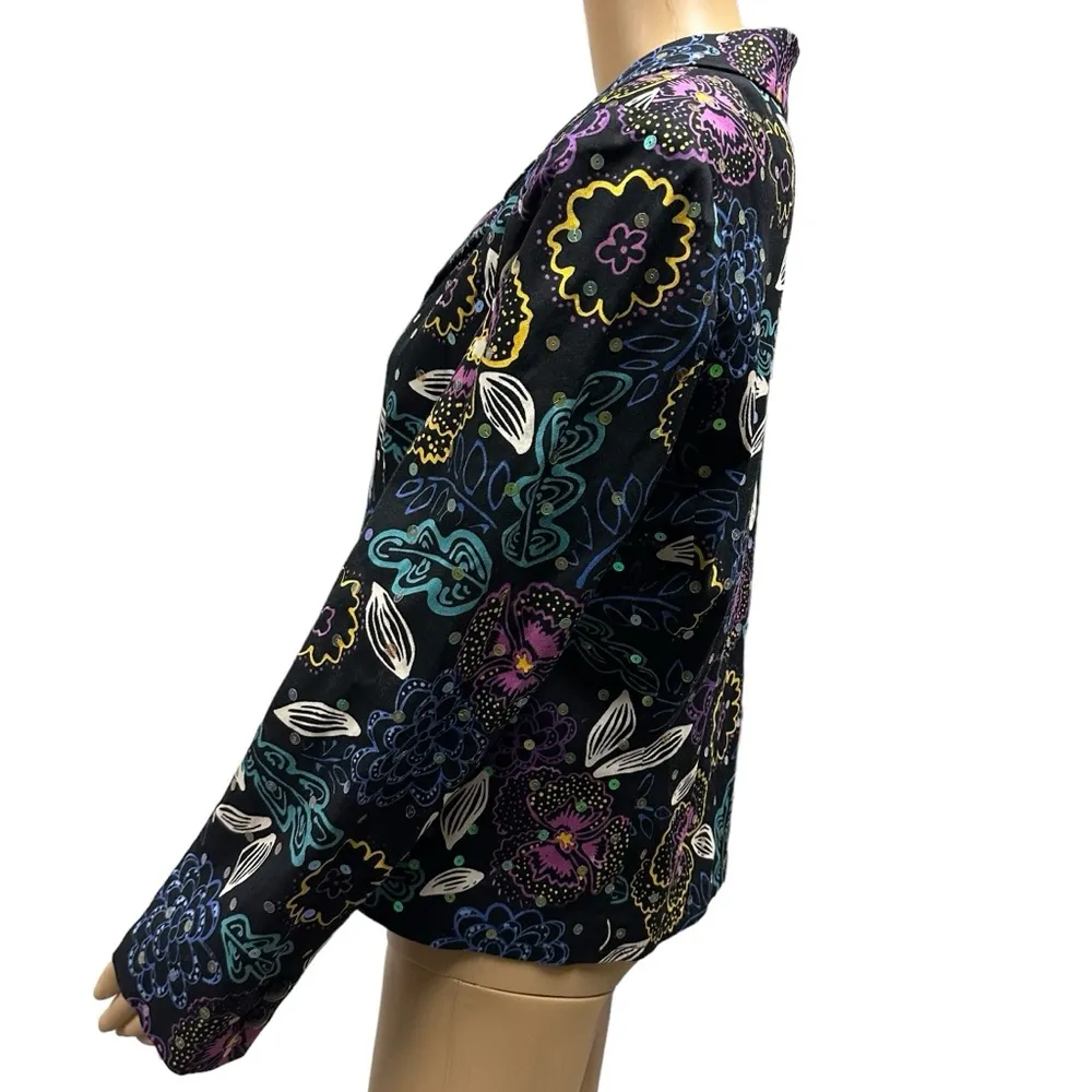Y2K Redd Jeans Black Multicolor Bold Floral Sequin Blazer Jacket Womens 12 - Image 4
