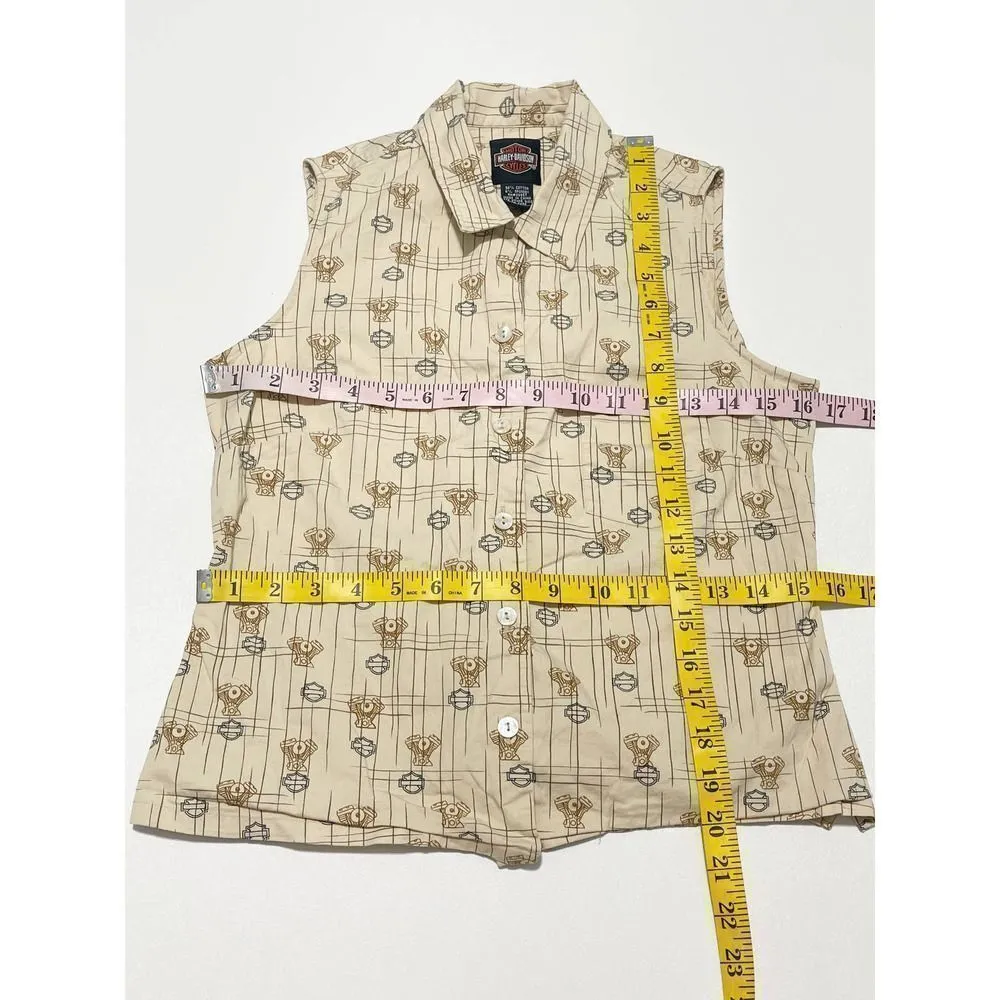 Harley Davidson Tori Richard Printed Engine Button Up Top Aloha Wear Tan Small Black - Image 6