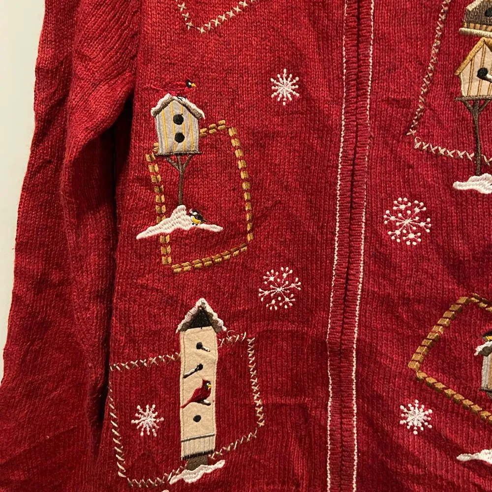 VTG Croft & Barrow Size M Red and White Cardinal Snowflake Knit Full Zip Sweater - Image 6
