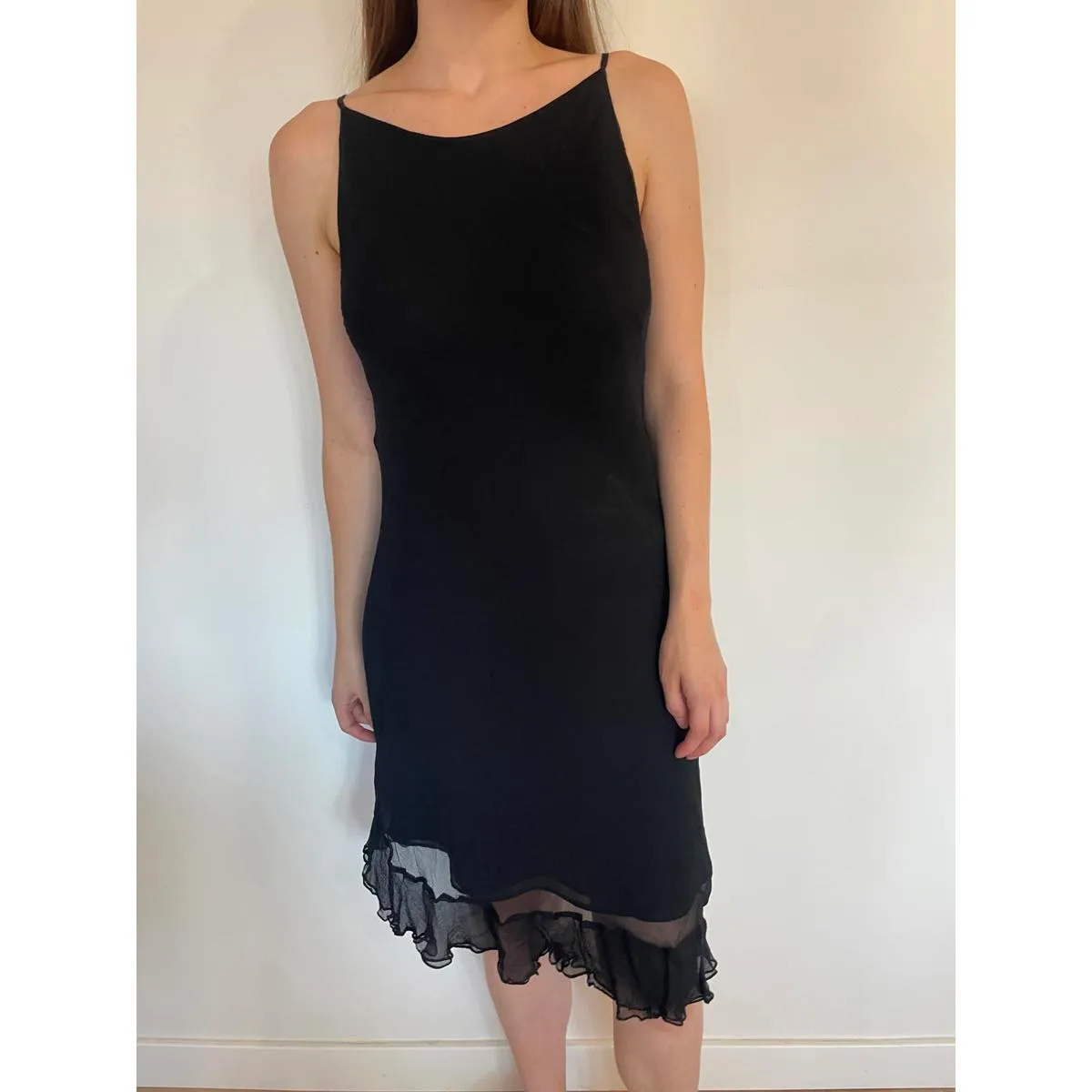 Boat Neck Black Mesh Overlay Ruffle Trim Mini Dress Size M - Image 8