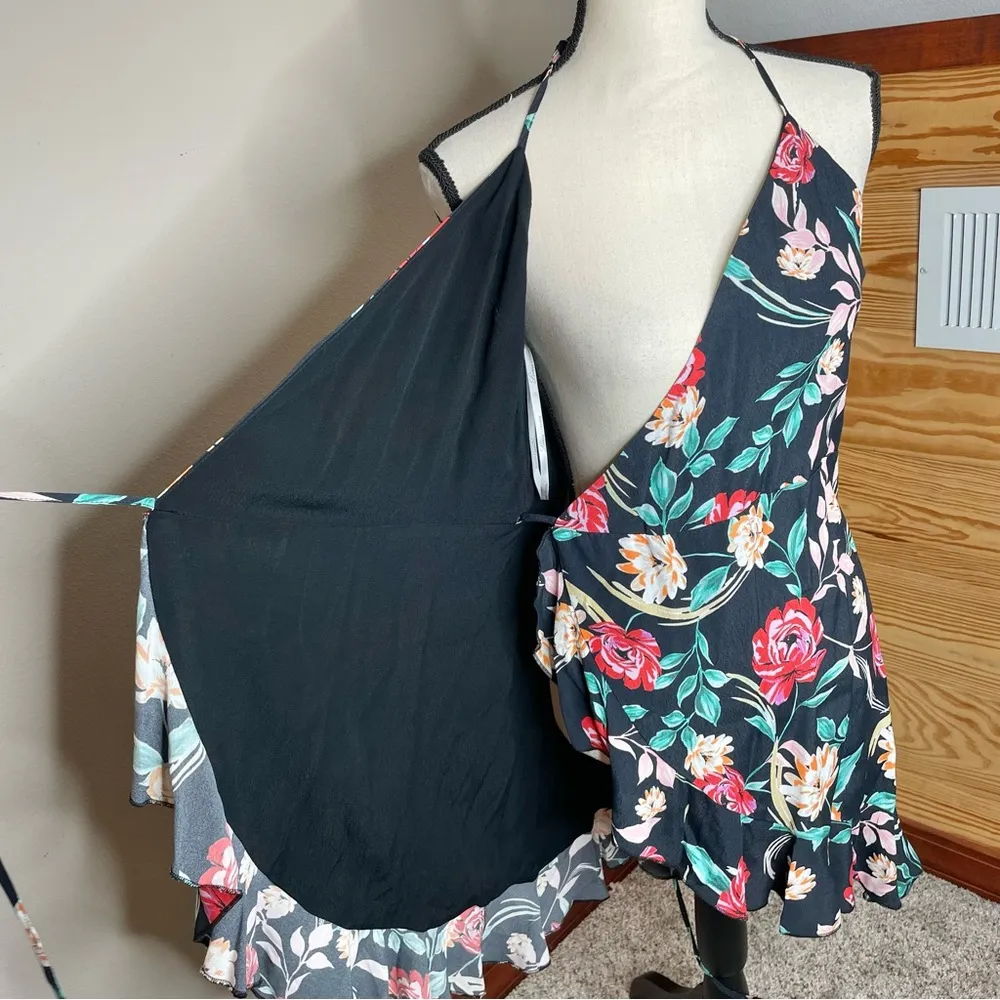 Lovers + Friends Gigi Wrap Mini Dress Bold Floral Black Ruffle Medium NWT - Image 6