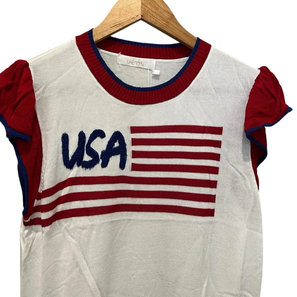 ENDLESS MOON Knit USA Flag Stretch Shirt Sz M Ruffle Sleeve July 4 Patriotic NEW White Size M - Image 2