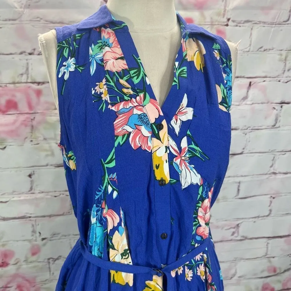 Maeve Anthropologie Women's Floral Sleeveless Button Down Shirt Dress Blue Size - Image 5
