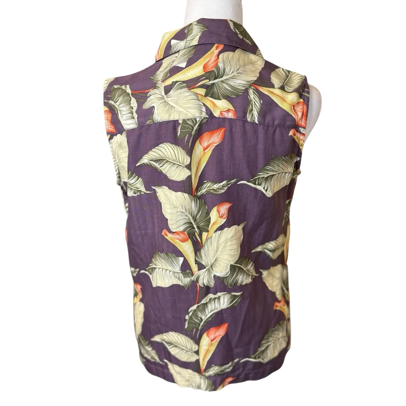 Tommy Bahama Womens 100% Silk Sleeveless Button Up Top Blouse Purple Floral SM - Image 4