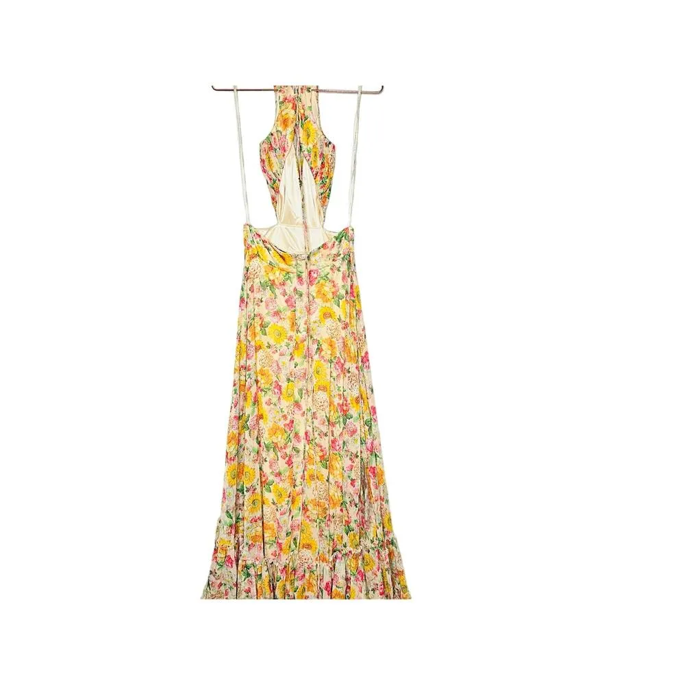 MAC DUGGAL Yellow Floral Chiffon Lace Up Tie Up Back Gown Dress - Image 10