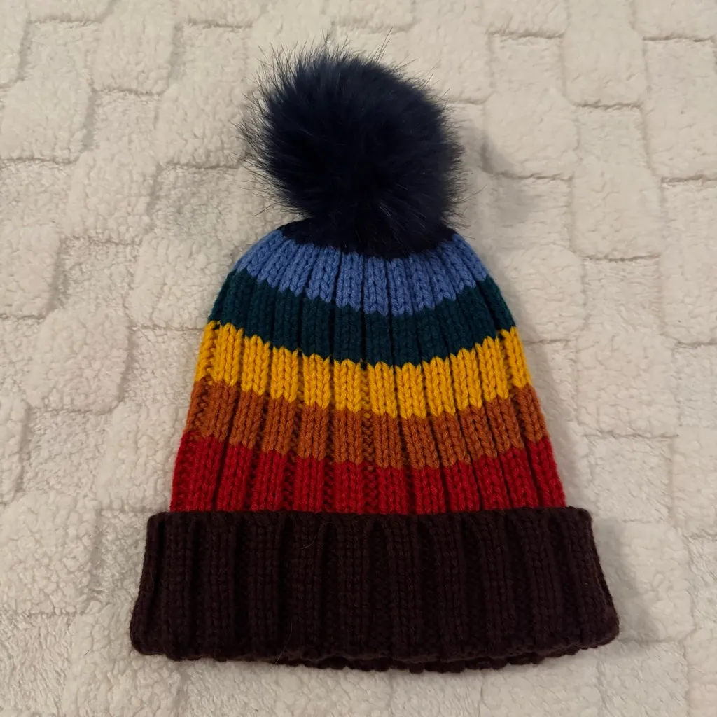 Garage Colorful Striped Rainbow Pom-Pom Knit Beanie, Adult OS - Image 2