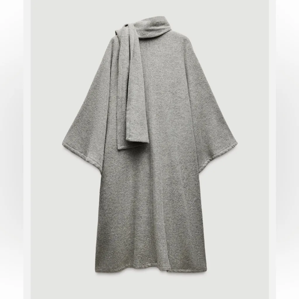 Viral ZARA Alpaca Wool Blend Scarf Cape Coat ZW Collection Grey M Medium New - Image 16