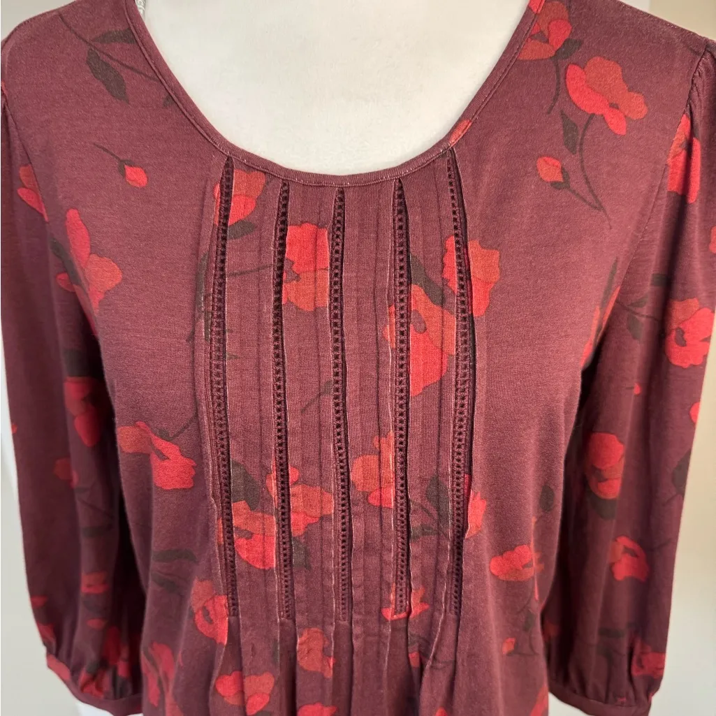 Daniel Rainn Burgundy Floral Blouse round neck long sleeve M relaxed fit flowy - Image 2