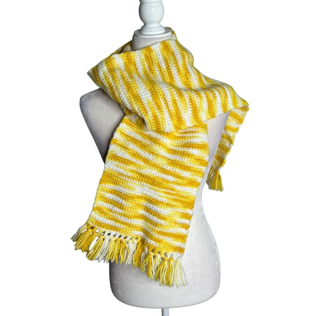 Handmade Yellow White Crochet Knit Striped Scarf With Fringe - Image 2