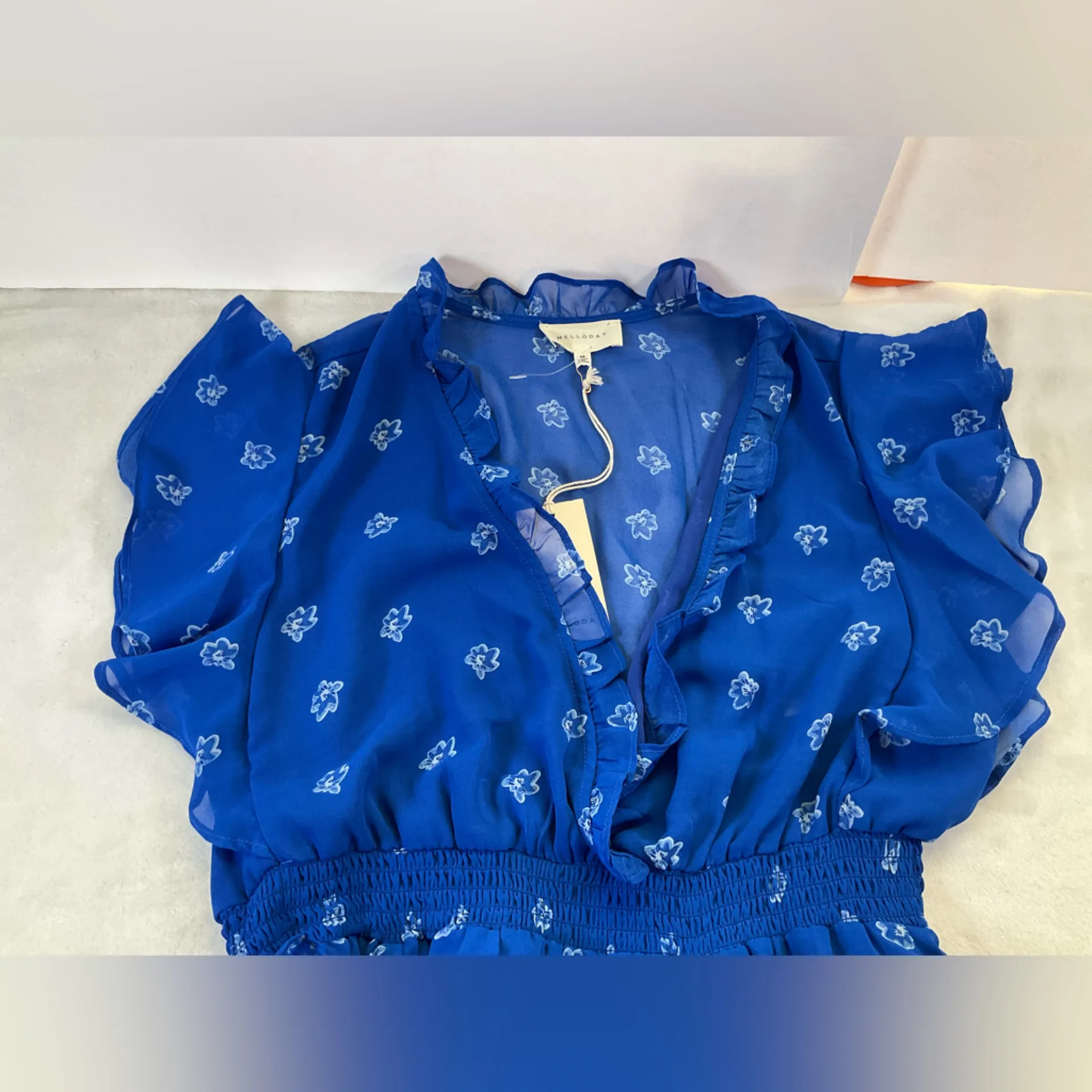 👗 Melloday floral ruffle asymmetric midi dress Cottagecore Prairie Boho‎ blue - Image 5