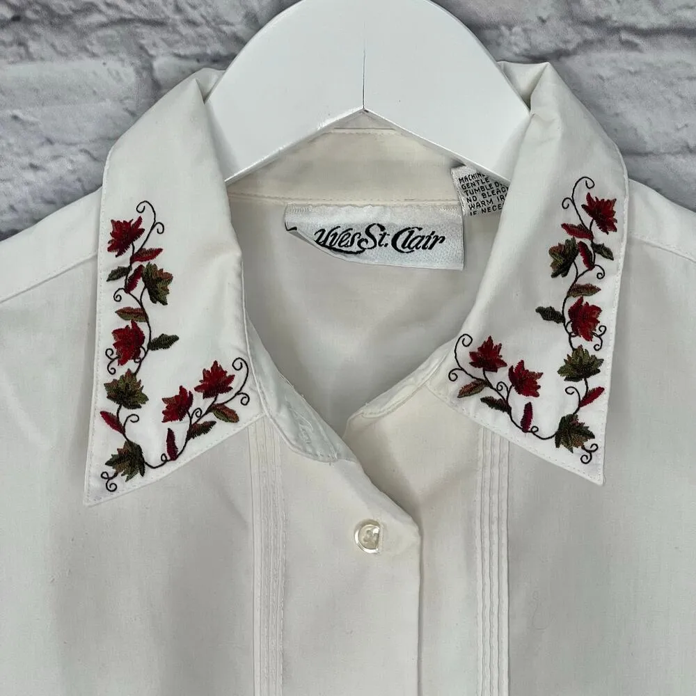 Vintage Yves St Clair Blouse White Long Sleeve Leaves Fall Size 14 Pintuck - Image 3