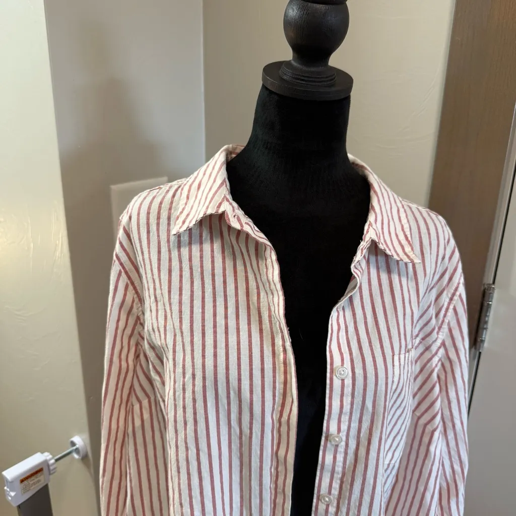 Torrid Long Sleeve Button Down Stripe White Red Coastal Casual Beach Lounge‎ 2X - Image 2