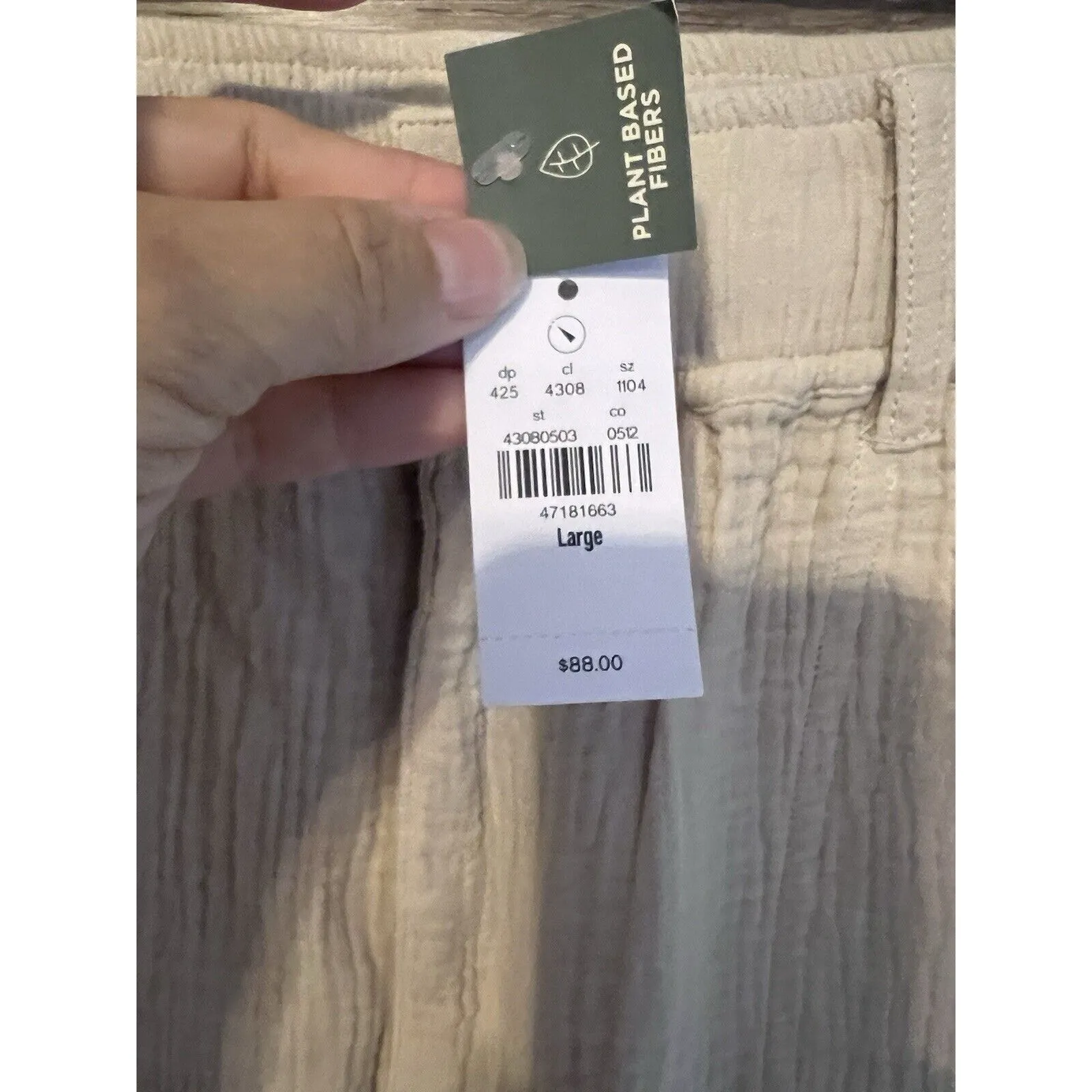 Women Cream Crinckled Cotton Textured Pants Sz Large Elastic Waist Upwest - Image 8