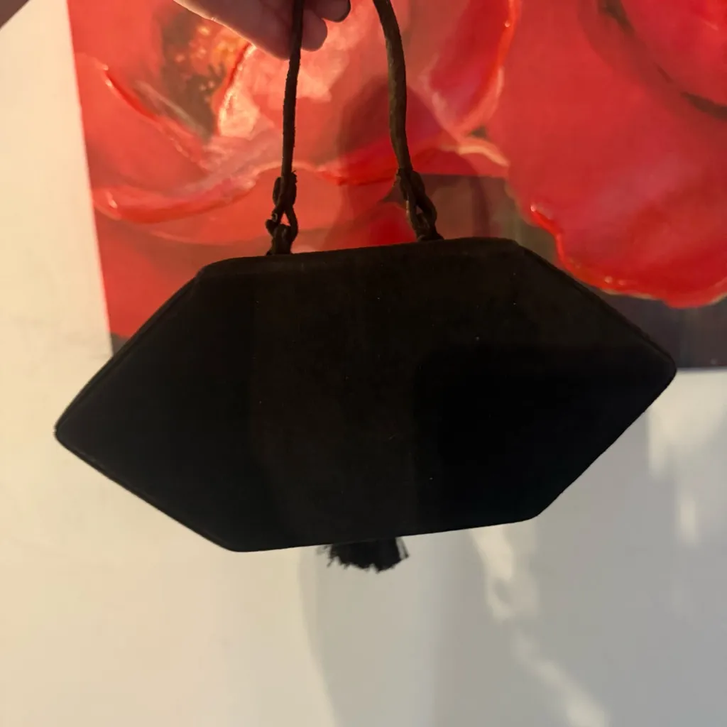 Vintage BJ Imports Black Velvet Evening Box Handbag Purse Formal Tassel - Image 6