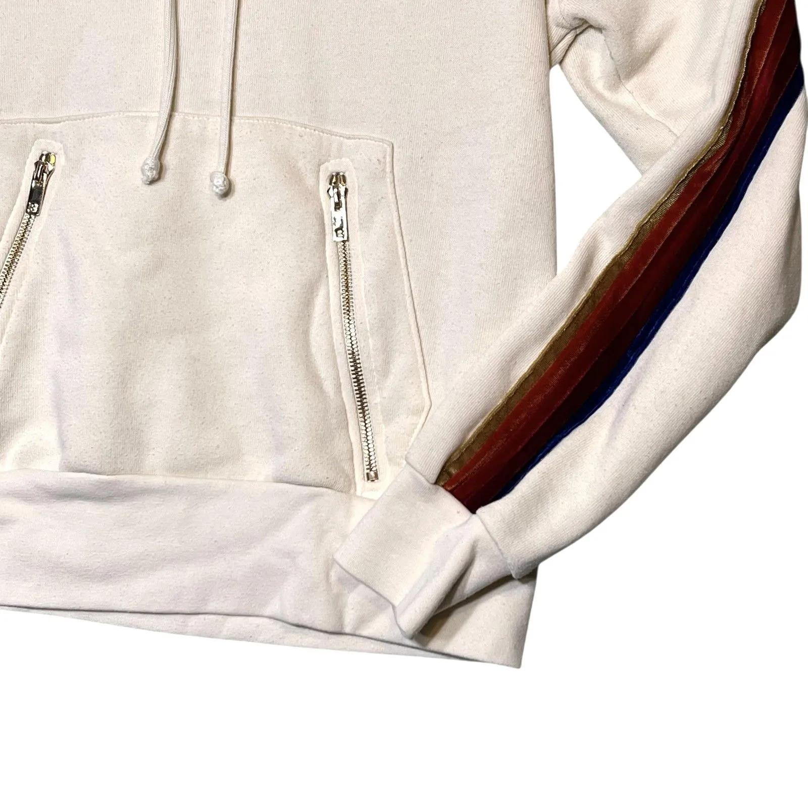 Aviator Nation Hoodie Womens XS Biege 5 Stripe Velour Pullover Zip Pockets USA - Image 10