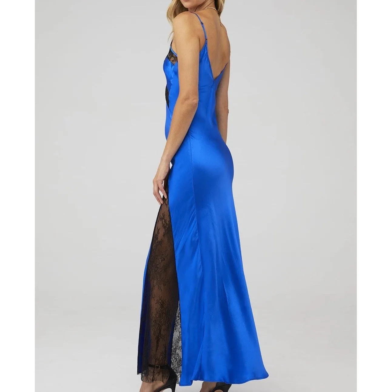 Delfi Collective Alexis Dress Size Small Blue Satin Black Lace Panels Slip Maxi - Image 2