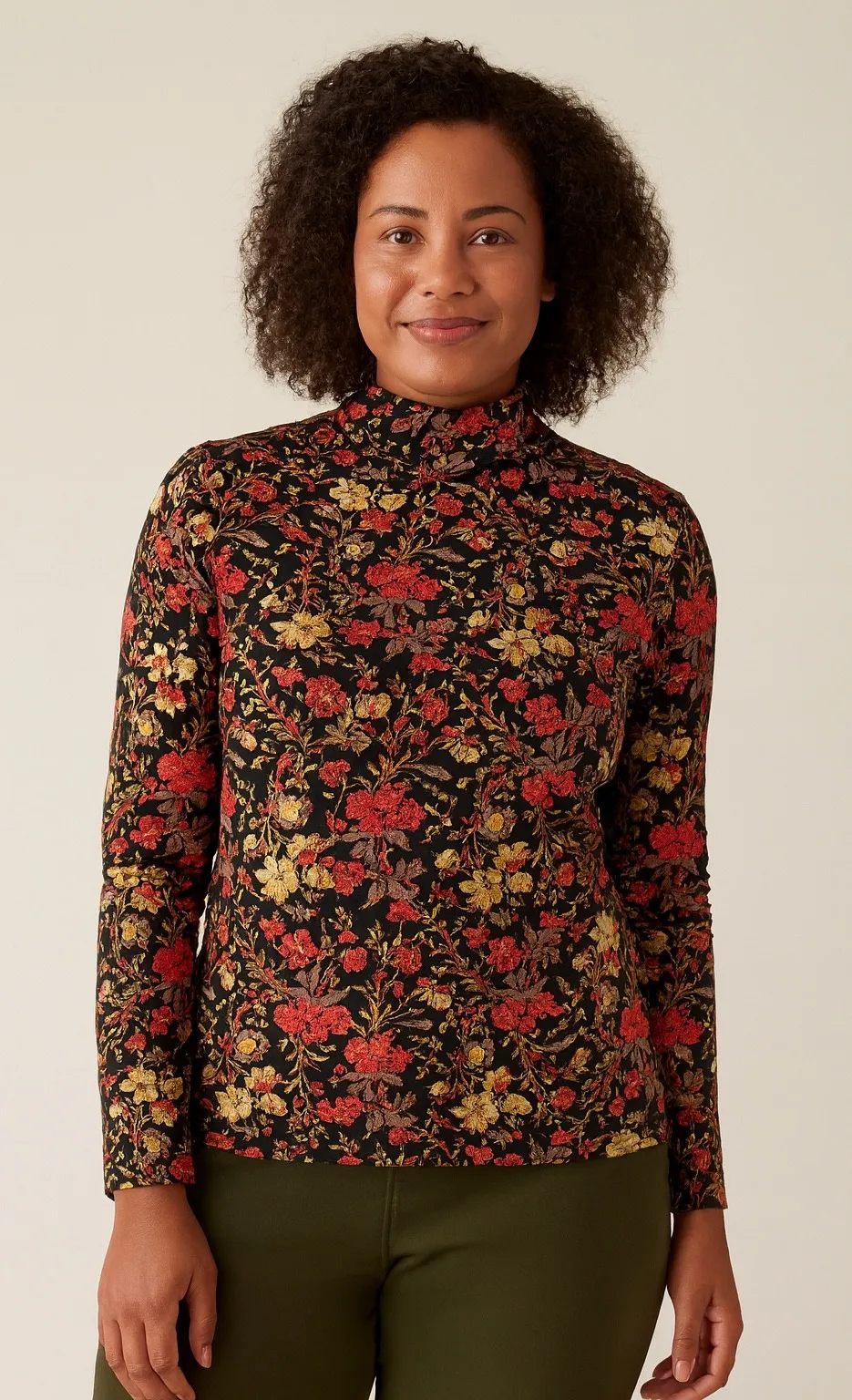 Peruvian Connection Floral Turtle Neck Long Sleeve Top Black Pink Yellow Medium - Image 1