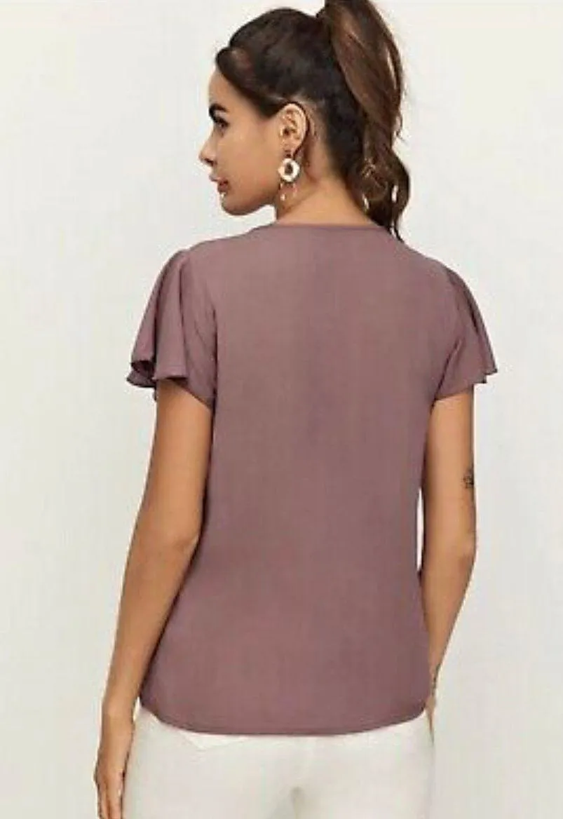 NEW SZ XL Beautiful Mauve Flutter Sleeve Blouse W Pearl Faux Buttons - Image 4