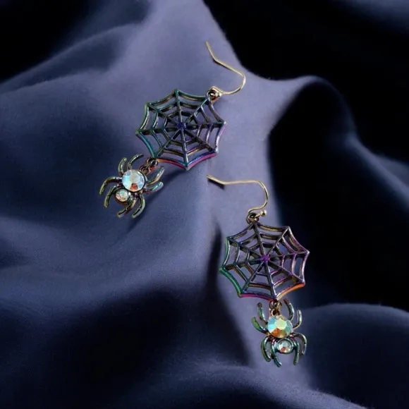 Colorful spider web design with shiny rhinestone decor dangle earrings goth punk - Image 2