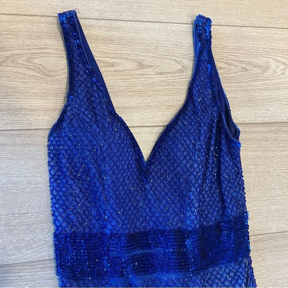 Mac Duggal Blue Sequin Beaded Sheath V-Neck Sleeveless Prom Formal Dress - Image 4