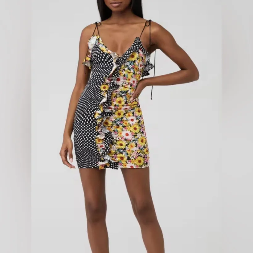 For Love & Lemons Mochi Shirred Mini Dress Polka Dot/Floral Women’s - Image 3