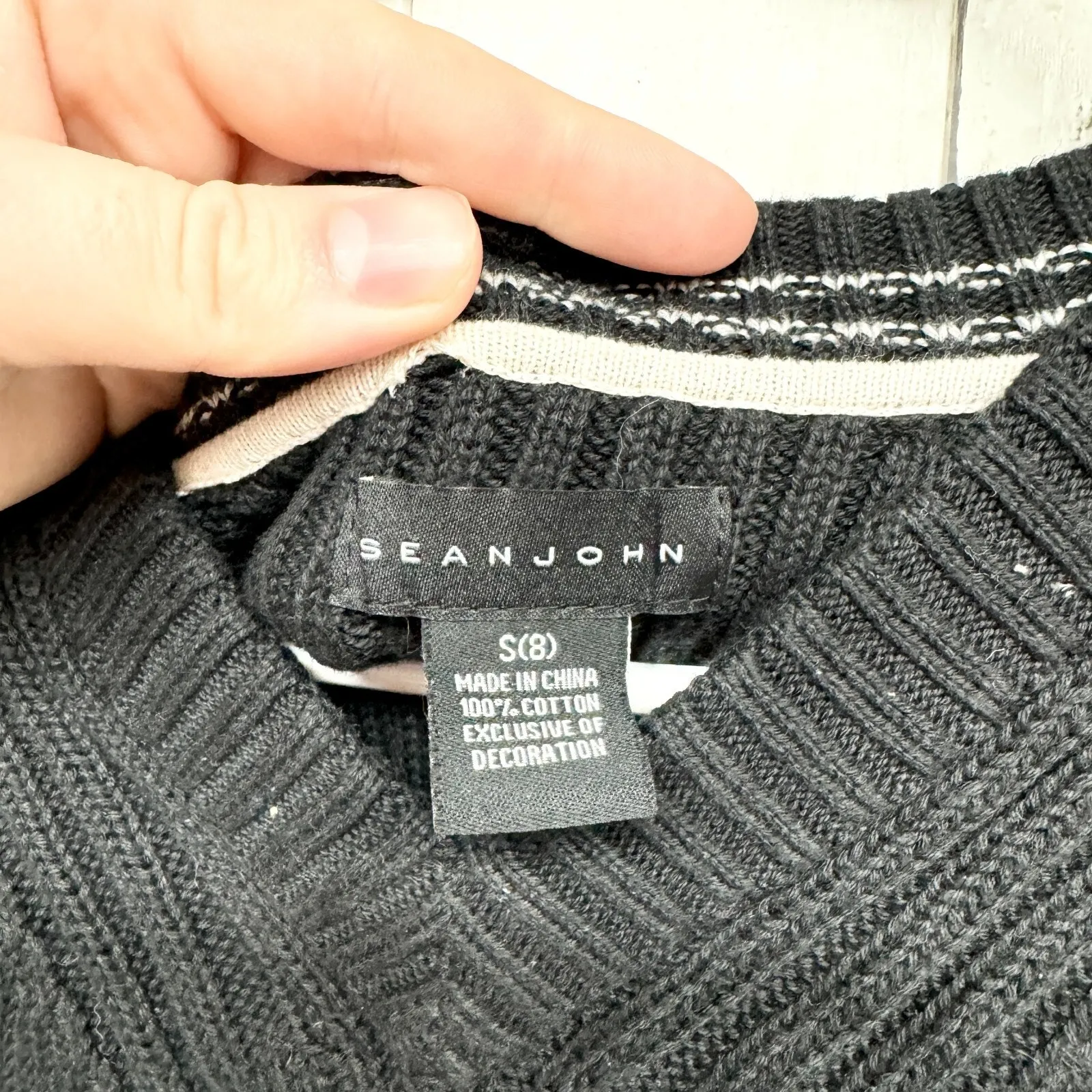 Sean John Top Women Size S(8) V-neck Cable Knit Sweater Cotton Black Embroidered - Image 2