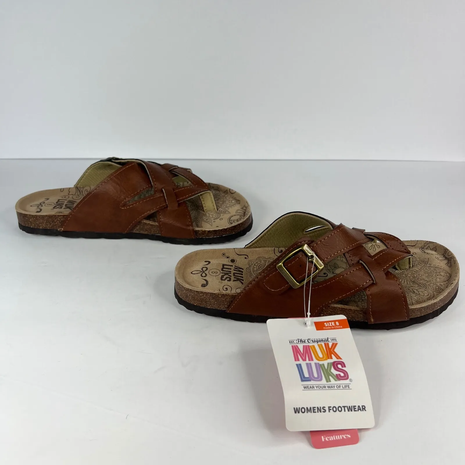 Muk Luks Womens Brown Leather Strappy Cork Footbed Slides Sandals Size 8 NWT - Image 5