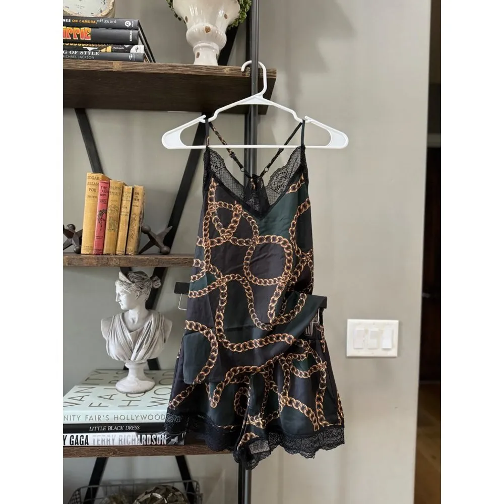 Plush Chain Link Cami Lace Trim Pajama Set Black & Green Womens Size XS - Image 4