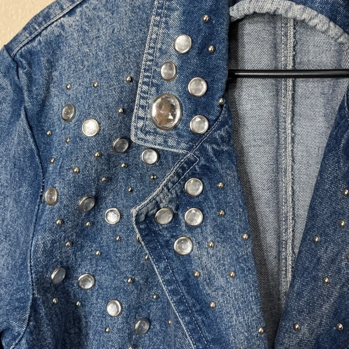 Vintage PADO California M Denim Blazer Jacket Studded Rhinestone‎ Embellished Blue Size M - Image 6