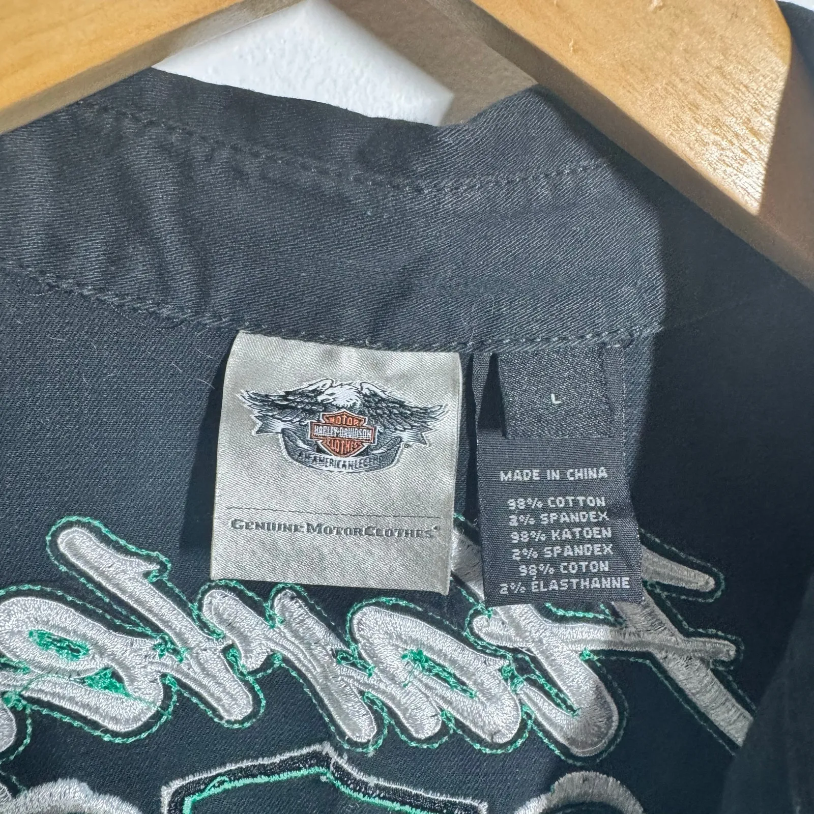 Harley-Davidson Corset Tie Biker Vest Women L Black Green Embroidery Moto Sport - Image 8