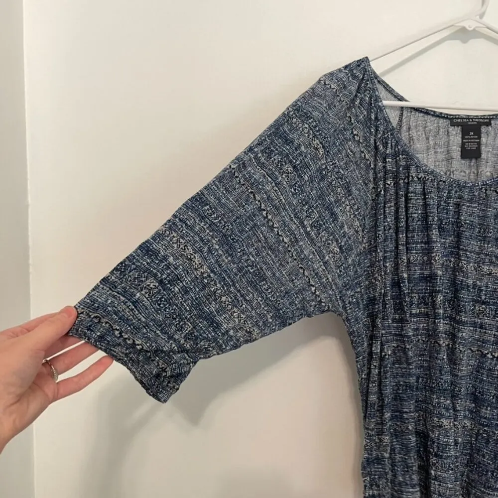 CHELSEA & THEODORE Plus Size Blue Cream Aztec Tribal 3/4 Sleeve Peasant Blouse - Image 7