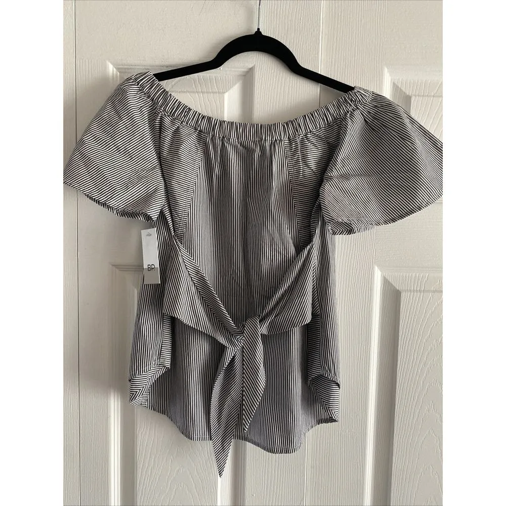 BP Nordostrom Women's XS Black Jenny Stripe Top‎ Boho Peasant Off Shoulder NEW - Image 7