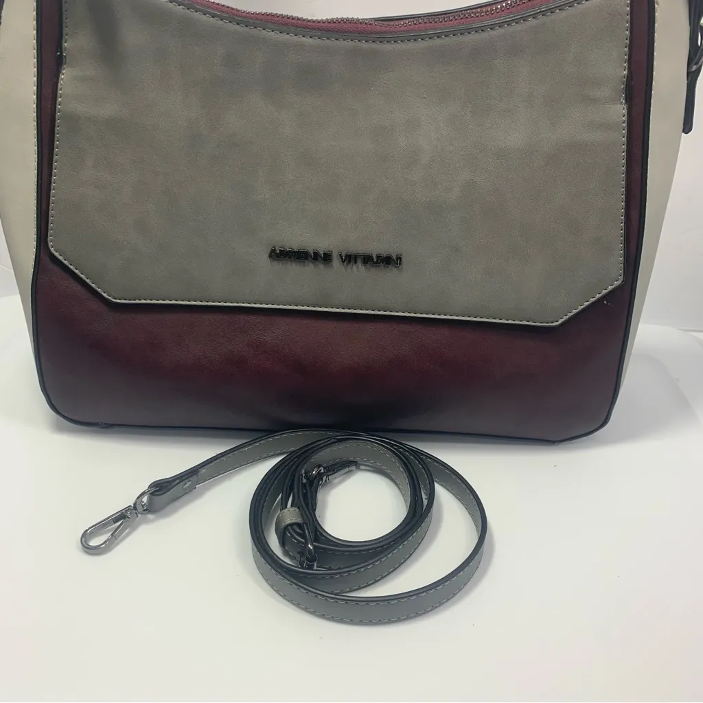 Adrienne Vittadini Burgundy and light gray combo satchel / cross bag - Image 13