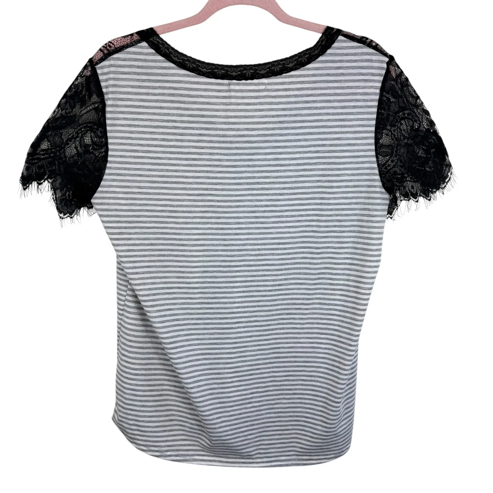 MAZIK Black Lace Trim Gray Striped Lightweight V - Image 2